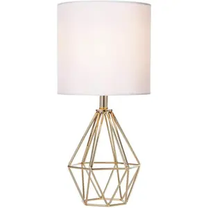 Gold Modern Hollow Out Base Bedroom Small Table Lamp,Bedside Nightstand Lamp with Geometric Metal Base White Fabric Shade,Cute Desk Lamp for Kids Living Room