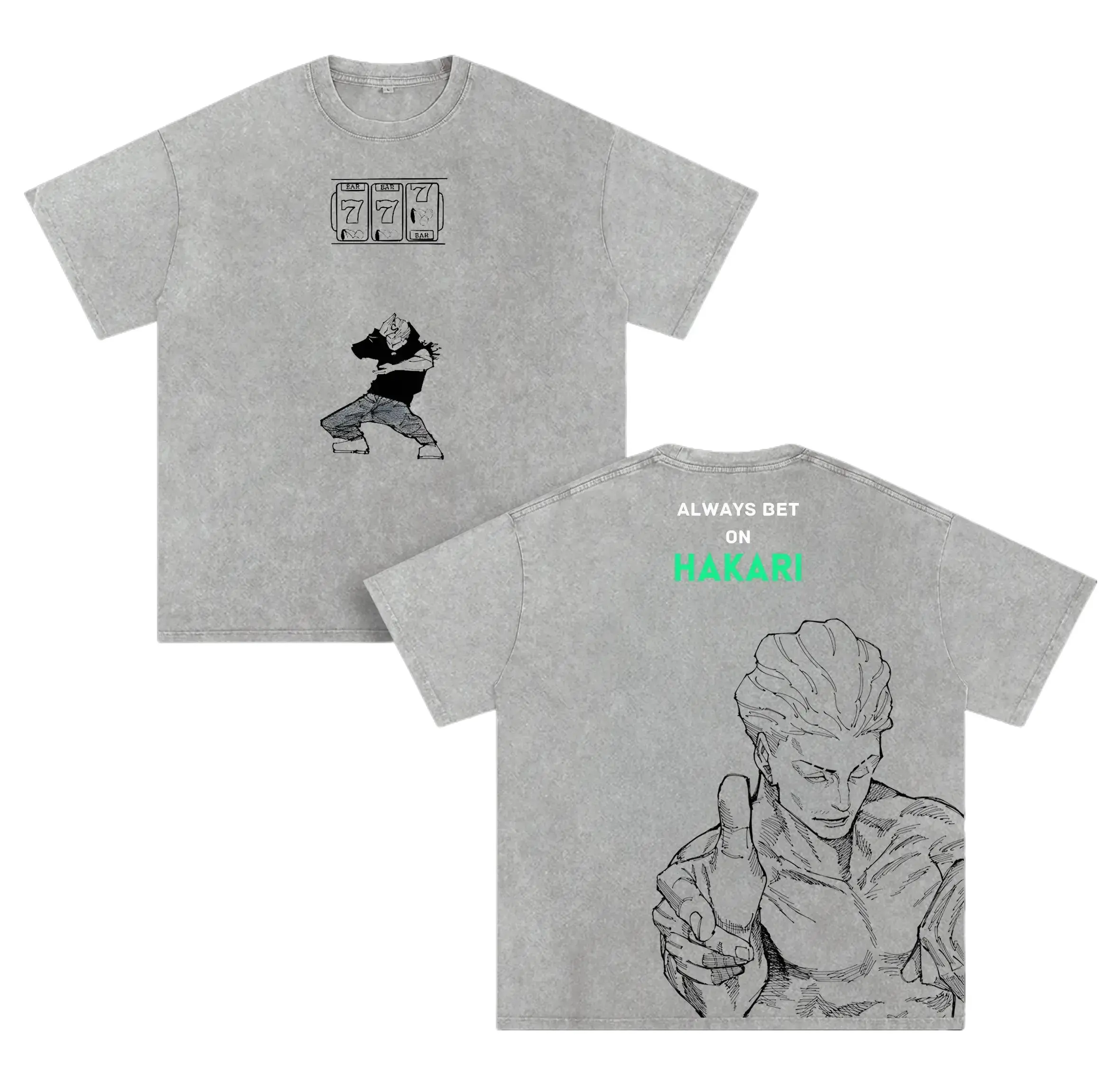 Menswear Unisex Oversize Heavyweight Cotton Short-Sleeve Top, Hakari Kinji JJK Anime Double Printed Vintage Washed T-Shirt for Anime Enthusiasts Oversized Classic Tshirt