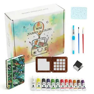 Mini Watercolor Kit, All-in-One Pocket Travel Painting Art Kit: 15-Grid Palette, 12-Color Pigment, Brushes, Sketchbook, Clip, Sponge