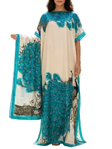 Elegant Peacock Print 2-Piece Caftan Set: Luxury Maxi Robe & Matching Shawl Wrap – Ideal for Resort Wear & Special Occasions