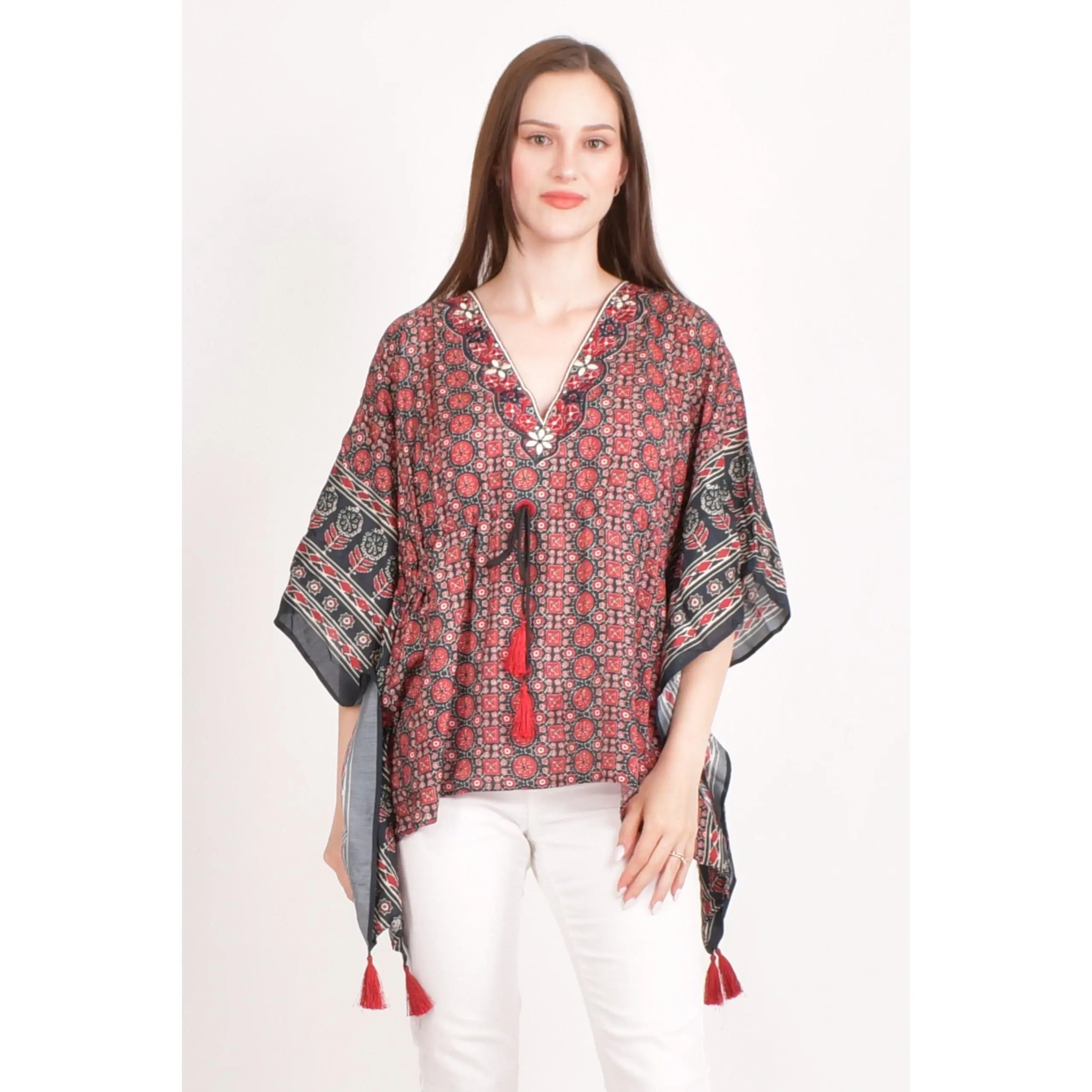 Yana Embroidered Ajrakh Kaftan Top