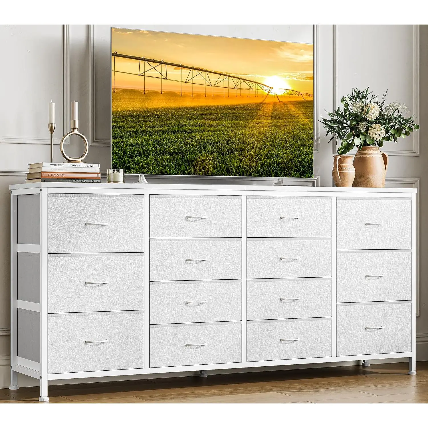 Modern 63" Dresser TV Stand with 14 Drawers & Power Outlets – Long Fabric Storage Cabinet for 65-75 Inch TVs – Multi-Room Organizer for Bedroom, Living Room, Hallway, Entryway – White
