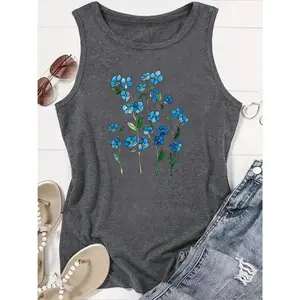 Women's Gift Print Floral Blue Small Flower Pattern Round Neck Sleeveless Tank Top for Spring, Summer, and Autumn, Fashionable Casual Commute Vacation Daily Versatile Vintage Style Top