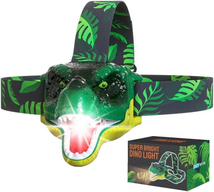 Skywin Dinosaur Headlamps for Kids, Roaring T-Rex LED Kids Headlamp, Camping Gear Essentials, Kids Flashlights for Boys and Girls, Ideal Gift for Birthday, Halloween, Christmas, New Year