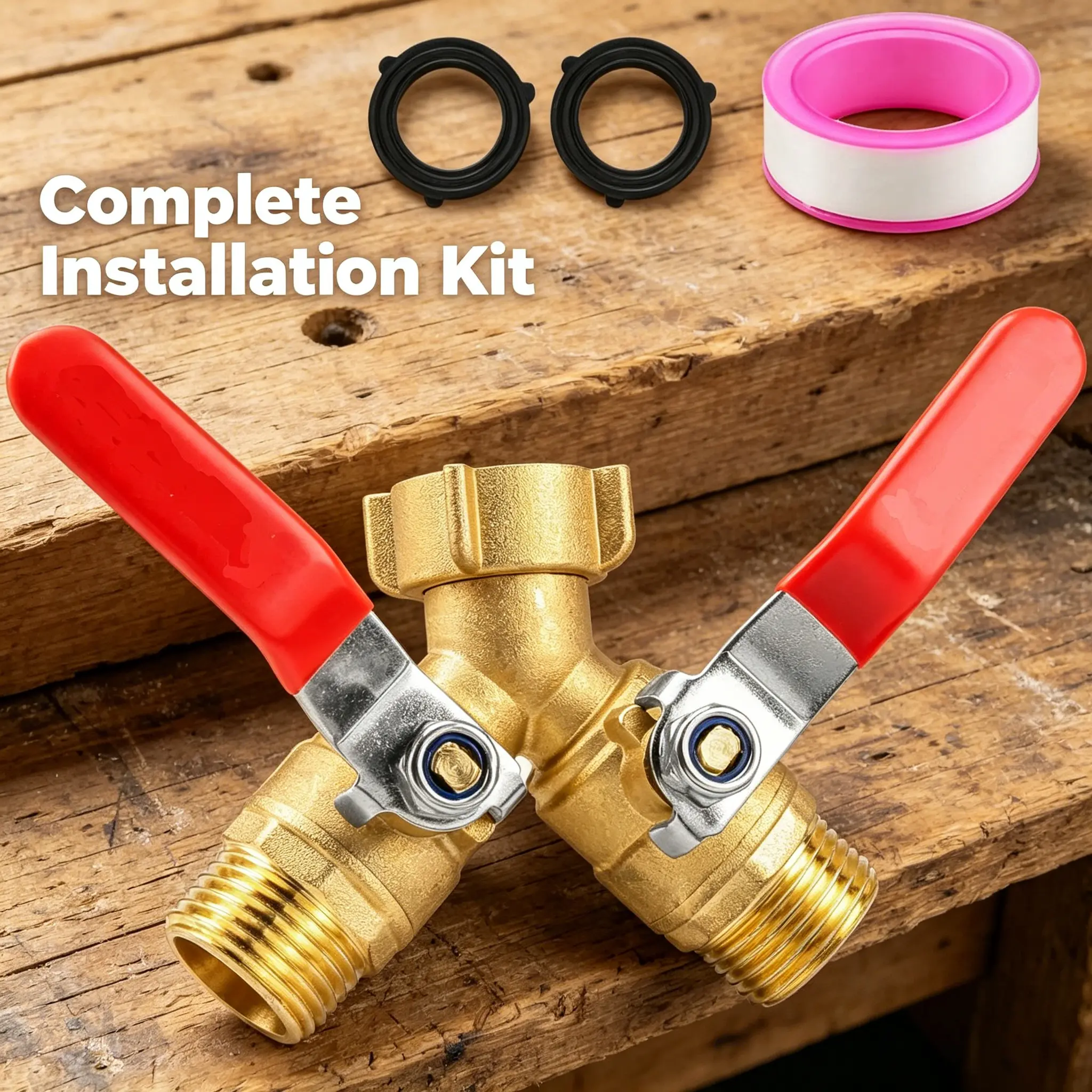 3/4 in Brass Y-Splitter Ball Valve Hose Connector Set, Dual-Outlet Garden Hose Connector with Independent Shut-Off Handles, Enhanced Sealing Kit Pack with Extra Gaskets & PTFE Tape for Outdoor Garden Faucets