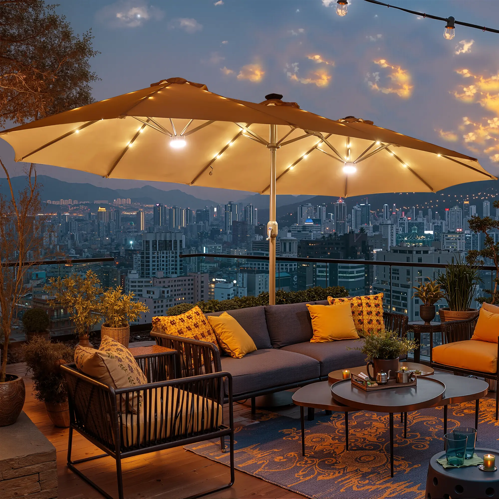 Khaki | Lighted Umbrella with Base