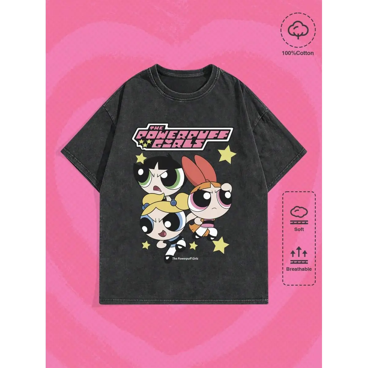 ROMWE Men's The Powerpuff Girls Cartoon Print Streetwear Round Neck Comfy Stylish Sport Tshirt, Mens Top, Fabric, Jeans, Sport T-Shirt, Shortsleeve, Layer
