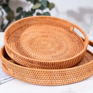 Rattan Round Tray, Tea Set Storage Tray, Fruit Tray, Snack Desktop Decoration Finishing Basket, Household Tea Tray