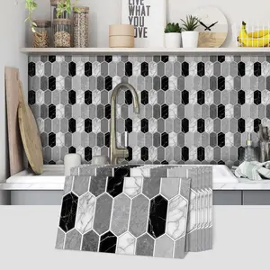 6/12/24/48PCS FG Retro Tile Stickers | PVC Crystal Film Black White Gray Marble Hexagon Pattern | Rectangle Peel & Stick Backsplash | Self-Adhesive Waterproof Oil-Proof for Kitchen Bathroom Floor Tile Wooden Surface Home Decor