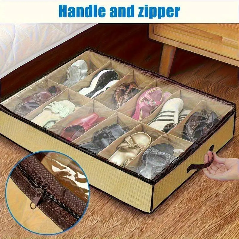Shoe box with safety zipper, storage bag, collapsible storage organizer, Organiser, space saving cabinet for under bed entrance/closet, suitable for sports shoes, boots, sandals, retro design cover, shoe rack, entrance/closet storage bag, Foldable Storage