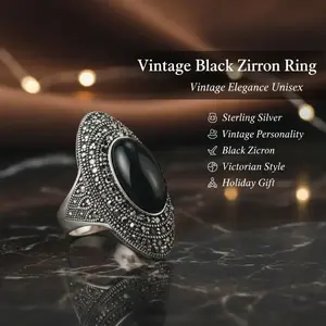 B 925 Sterling Silver Vintage Personality Black Zircon Ring Black Onyx/Obsidian Ring Victorian Style Jewelry for Men and Women, Holiday Gift