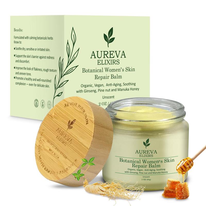 Aureva Elixirs Botanical Women's Skin Repair Balm 97% Problem Solving Formula with Ginseng Oil & Manuka Honey Soothes Redness Dryness Eczema Itchy Skin 2 Oz Unscented Argan Daily Radiance Body Care Moisturizer - Gentle