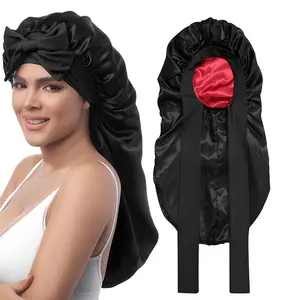 KOMOX Long Bonnet Satin Hair Silk Bonnet for Sleeping Women, Silky Bonnets for Women with Tie Band, Sleep Cap for Braids Curly Hair
