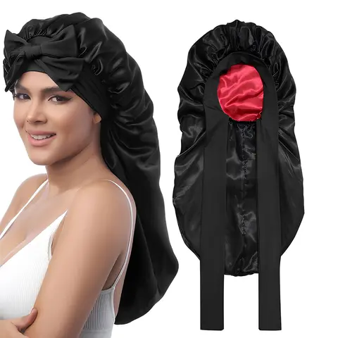 KOMOX Women's Long Satin Hair Bonnet - Easy Wrap Sleep Cap with Adjustable Stretch Tie Band for Adjust Tightness, Overnight Heatless Curls, Crochet Braid Holder, Anti-Frizz Moisture-Locking Haircare for Curly Hair