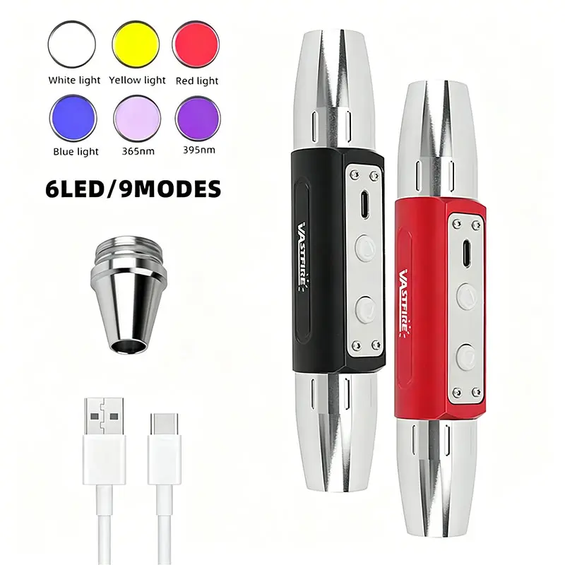 VASTFIRE Professional Jewelry Inspection LED Flashlight - High Power Flashlights, 6-in-1 365nm-395nm UV LED Lights, 304 Stainless Steel Head, Waterproof, Lithium Battery, Dual Headed Standard Torches for Jade Identification, Sailing