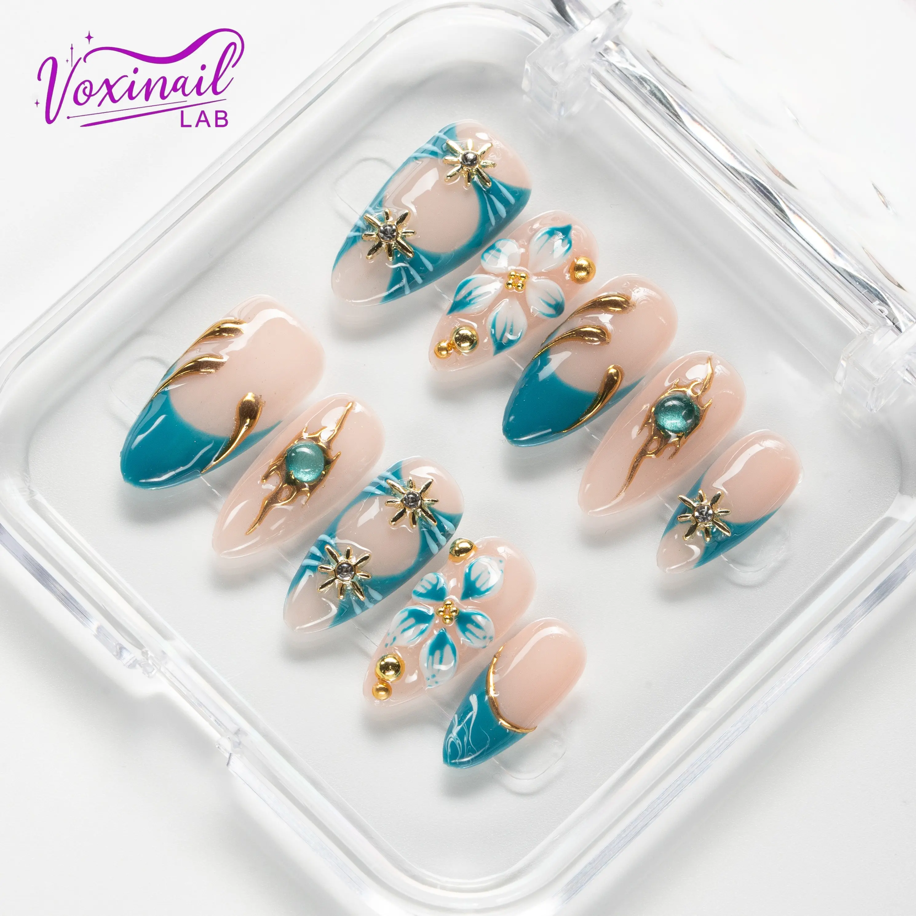 Voxinail Lab | Blue Silence | Handmade Almond Press-On Nails | Acrylic, Reusable, Long-Lasting