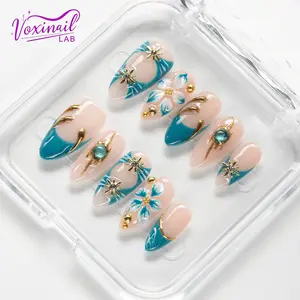 Voxinail Lab | Blue Silence | Handmade Almond Press-On Nails | Reusable, Long-Lasting