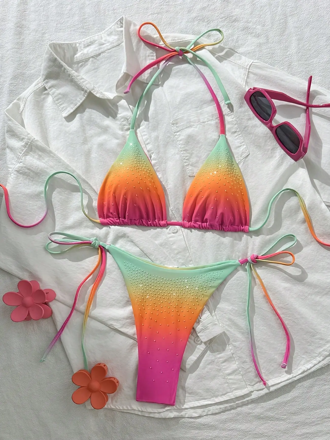 Stylish Ombre Rhinestone Bikini Set for Women High Stretch Two Piece Swimwear Perfect for Beach Pool Vacation Summer Fashion Trendy Matching Top and Bottom