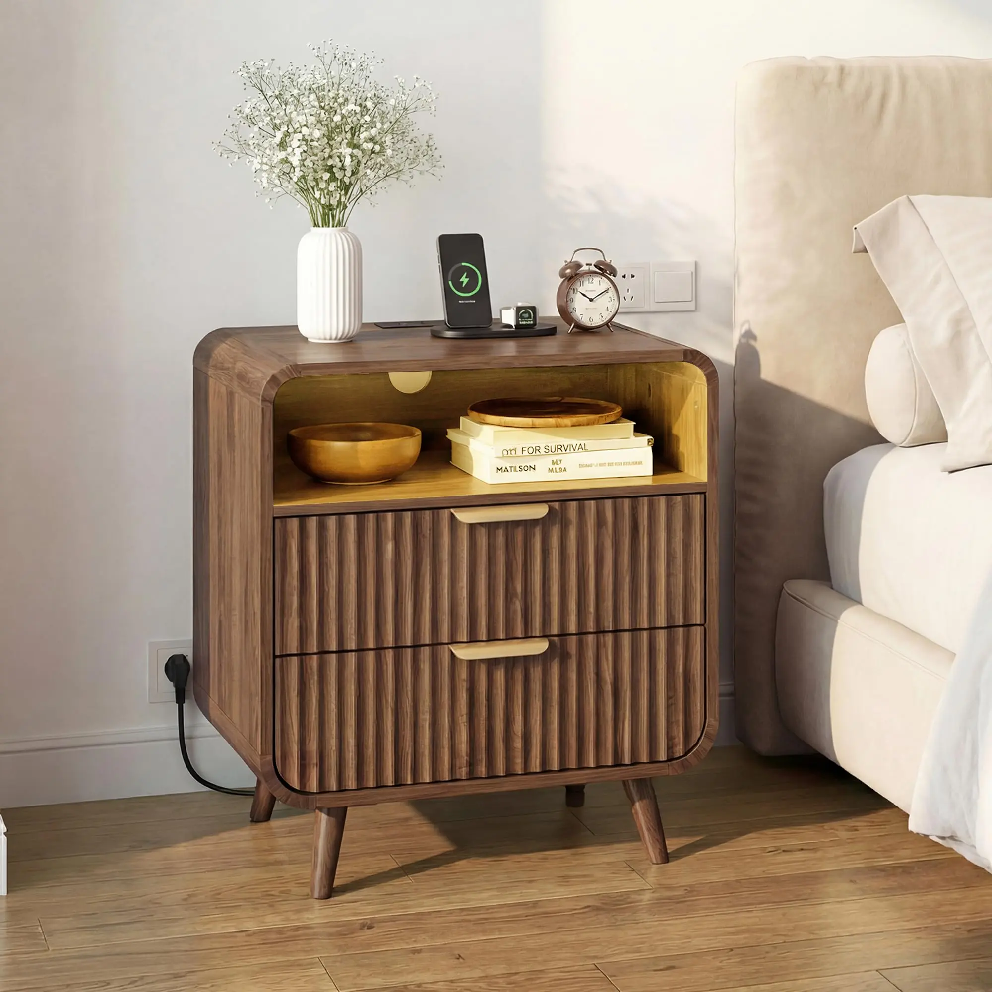 Curved Nightstand with Charging Station & LED Light, Modern Fluted End Table with 2 Drawers, Solid Pine Wood Legs, Large Wooden Side Table with Open Shelf for Bedroom, Walnut, Set of 1