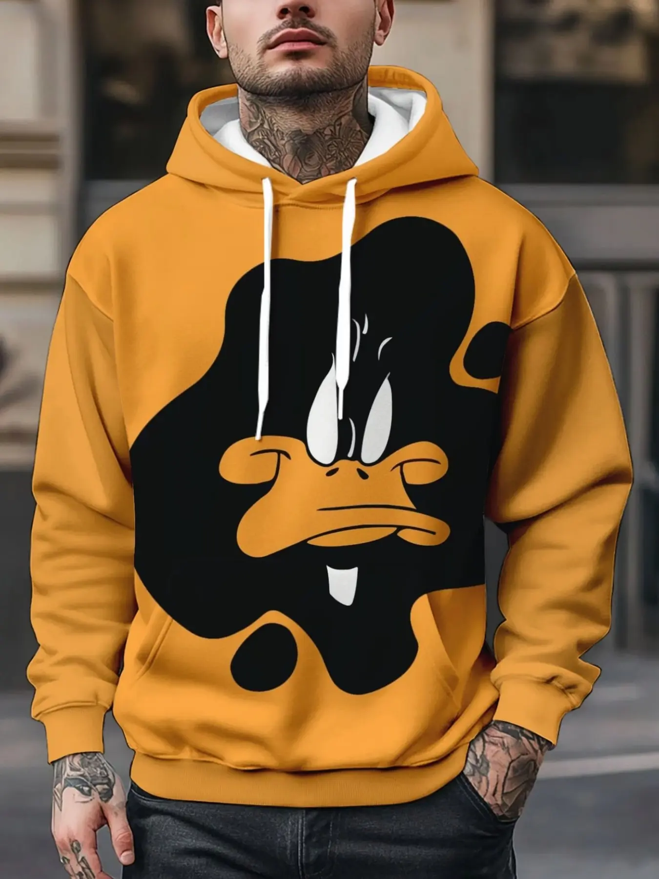 New Warner Bros. Men's Pullover Hoodie, 3D Looney Tunes Print, Casual Long Sleeve Fitted Sweatshirt, Comfortable Daily Wear