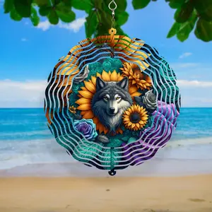 8” Wolf Wind Spinner Sunflowers & Floral Design Outdoor Metal Decor Double-Sided Sublimation Art UV Resistant for Indoor & Outdoor Use
