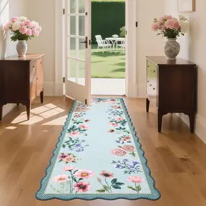 Garvee Floral Scalloped Kitchen Runner Rug, 2X6 Washable Hallway Runner Non-Slip, Soft Print Laundry Room Rug Low-Pile Stain Resistant Boho Carpet for Bathroom Bedroom Dorm, Blue