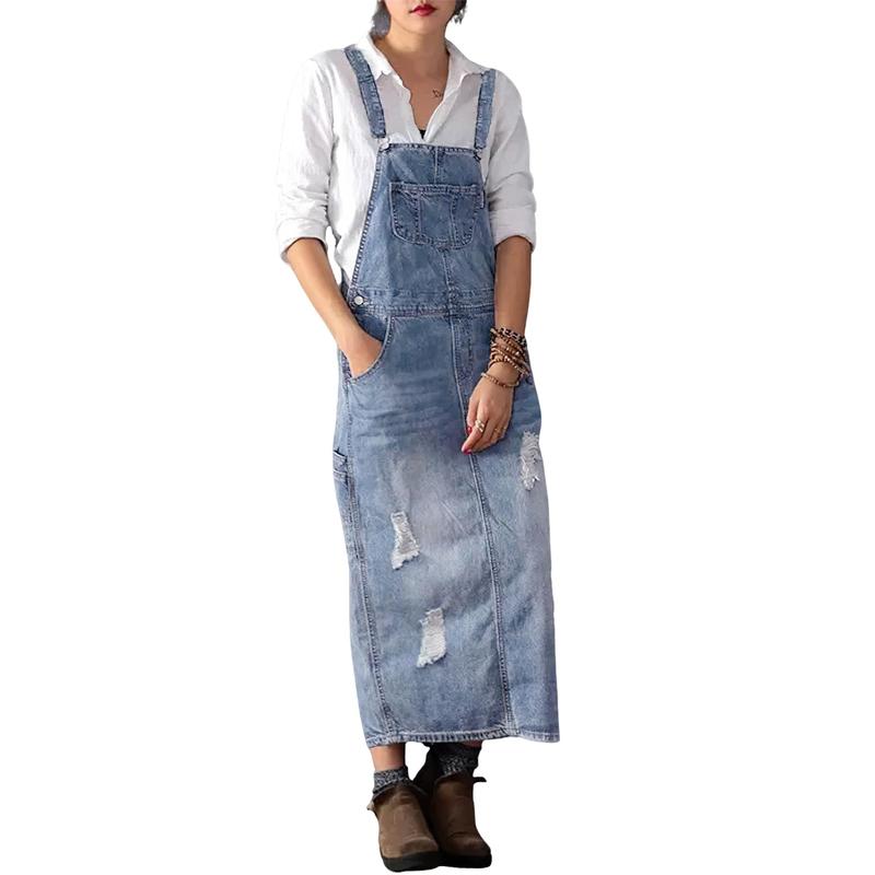 Chouyatou Women's Adjustable Strap Distressed Denim Overall Dress A-Line Pinafore Jean Dress with Split