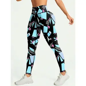 Women's Sports Leggings With Color Block Print For Outdoor Sports, Exercise, Fitness, And Yoga. High-waisted Elastic Tight Pants