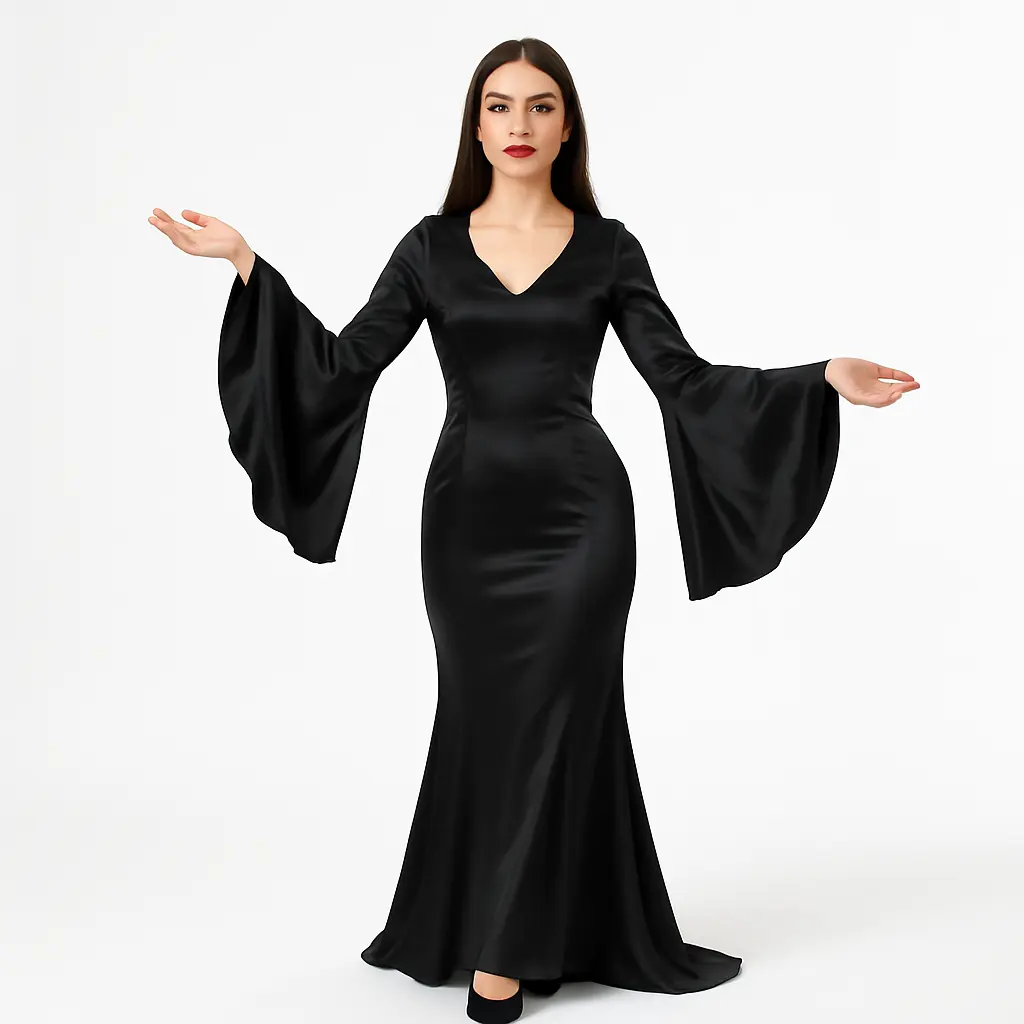 Elegant Morticia-Inspired Costume Dress for Halloween