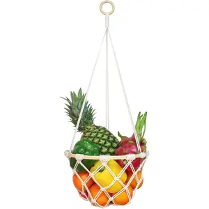 Single Tier Macrame Hanging Fruit Basket, Boho Vegetable Holder for Kitchen Food Storage with Hook, Bohemian Cotton Produce Organizer, Plant Hanger Decor for Home Bathroom Bedroom, Perfect Christmas Gift for Women