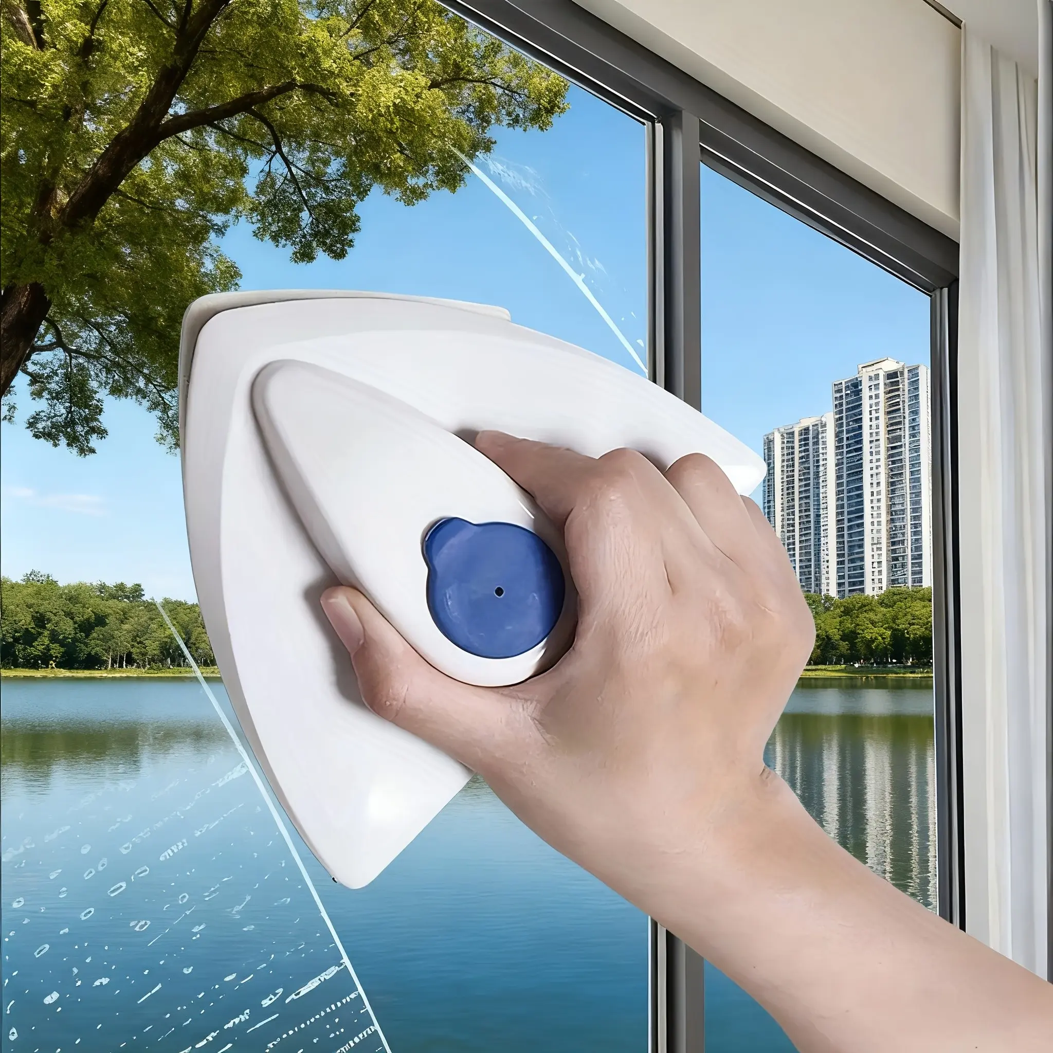 Magnetic Window Wiper, Double Water Tank, Dual-Sided Abs, Indoor Outdoor Use, Home RV Boat Shower Door Cleaner, Blue