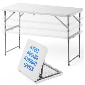 4FT Heavy Duty Folding Table Portable Adjustable Height with Built in Handle Steel Legs Small Card Table for Dining Parties Events Picnic Camping Indoor Outdoor