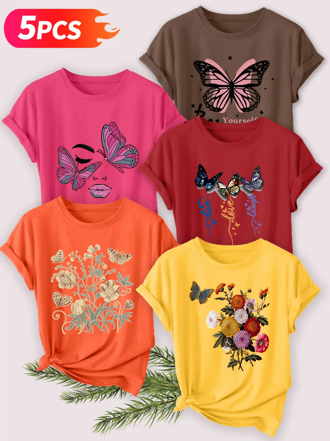 5Pcs Women's Crew Neck T-Shirts, Butterfly & Floral & Portrait Print Set, Multiple Colors Available, Machine Washable, Spring & Summer Tops, Soft Skin-Friendly Fabric, Daily Versatile, Fashion Design