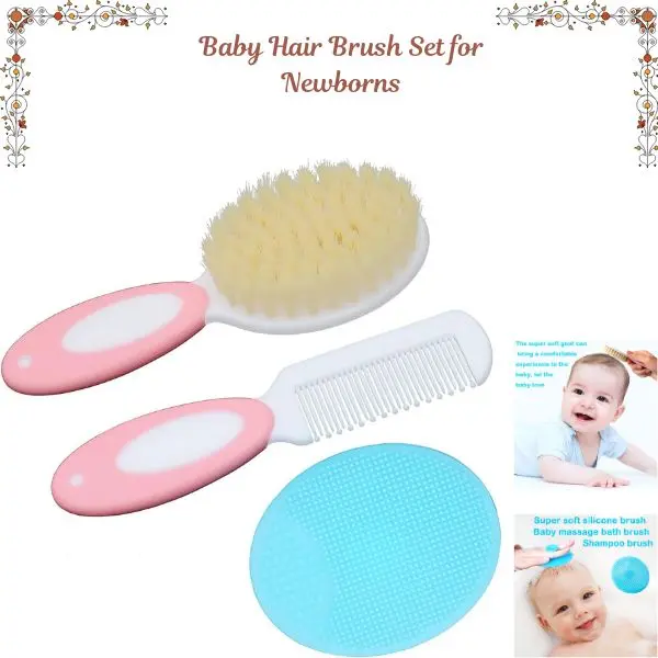Silicone and Goat Bristle Unisex Square Baby Grooming Brush Set - Skin-Friendly Cradle Cap Care Kit with Dry-Clean-Only Brushes, Hanging Loop, Blush Pink Infant Baby Registry Gift