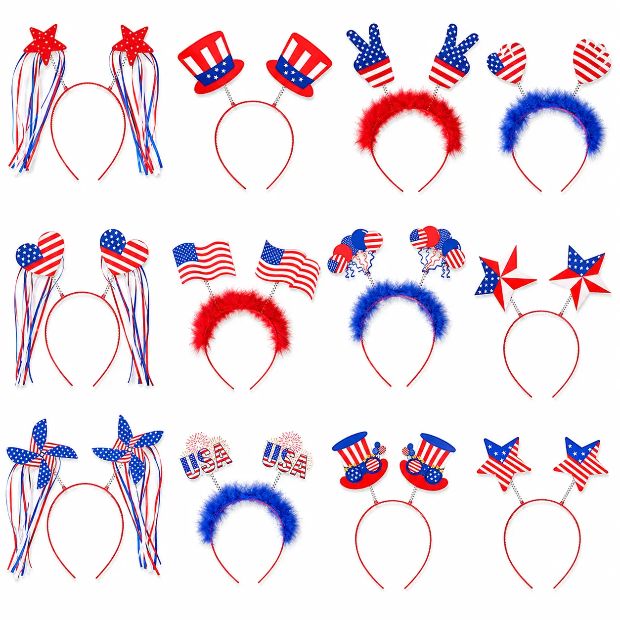 Unisex 12-Pack Lightweight Patriotic Party Headbands Set - Red White Blue Photo Booth Props with 12 Assorted Styles for USA Theme Parties, Twelve