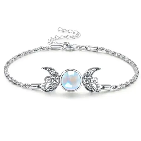 925 Sterling Silver Artificial Moonstone Bracelet - Hecate Triple Moon Goddess Pagan Wiccan Amulet, Fashion Celtic Knot Crescent Moon Fashion Wrist Jewelry, Bracelets for Women