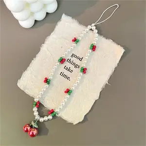 Cute Cherry Strawberry Bowknot Phone Chain Lanyard Charm Strap Wrist Bead Hanging Cord Bracelet Mobile Lanyard Jewelry Gift