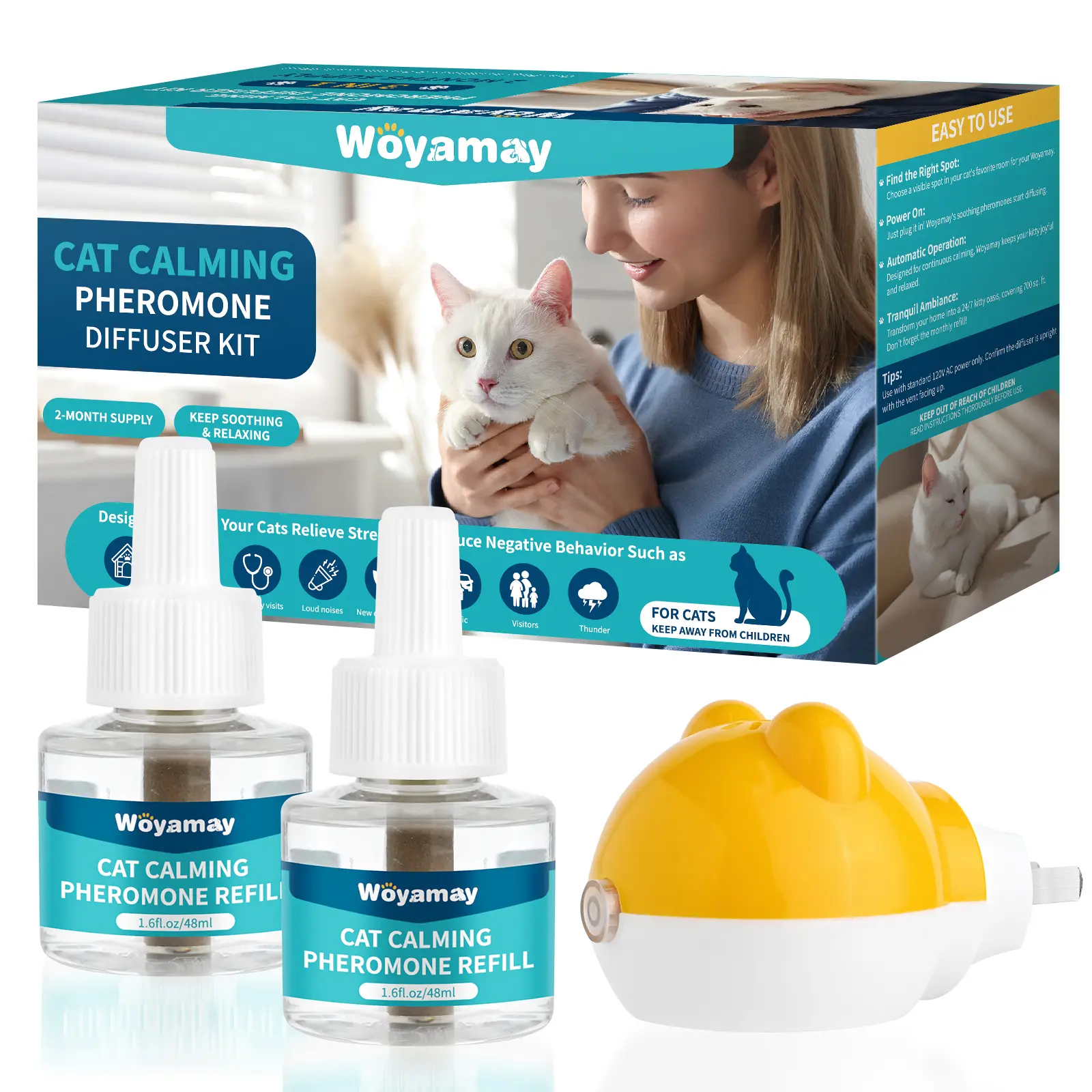 Woyamay Cat Pheromone Calming Diffuser Kit for Cat Anxiety Relief 6-in-1 Cat Pheromone Diffuser Kit with 2 Diffuser + 4 Refill 48ml Vial - 120 Days Pheromone Diffuser to Calm Cats spray Perfume Fragrance Mother relaxation support TikTokShopHolidayHaul