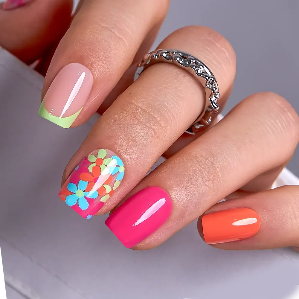Neon Bloom Press-On Nails – Vibrant Neon Pink, Orange, and Green with Colorful 3D Floral Accents, Glossy Finish, Long Square Shape, Easy Application, Durable and Reusable False Nails for Women, Perfect for Parties, Vacations, and Trendy Everyday Looks