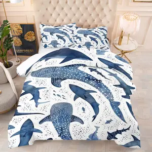Ocean Fish Patterned Quilt Set,Whale Shark Hammerhead Shark and Great White Shark Prints,Including 1 Quilt and 1 or 2 Pillowcases Without Pillows,Suitable as a Gift for Teenagers and Adults,Soft and Warm Bedroom Decoration,Soft Bedding Set