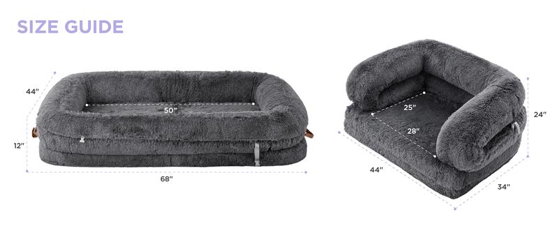Lesure Foldable 3-in-1 Flexible Giant Human Dog Bed for Adult People - Supportive Bolster Egg Foam, Waterproof Liner, Calming Fluffy Faux Fur Orthopedic Big Bean Classic Lounge Sofa Options