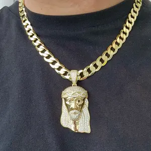 ViOrO 14K Gold Plated 10mm Cuban Link Chain with Zircon Jesus Christ Pendant for Dairy Use. Electro Laminated Premium Jewelry