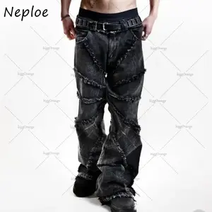 Neploe American Vintage Hole Spider Web Jeans 2025 Spring Hiphop Black Gray Denim Pants Women Y2k High Waist Wide Leg Pants