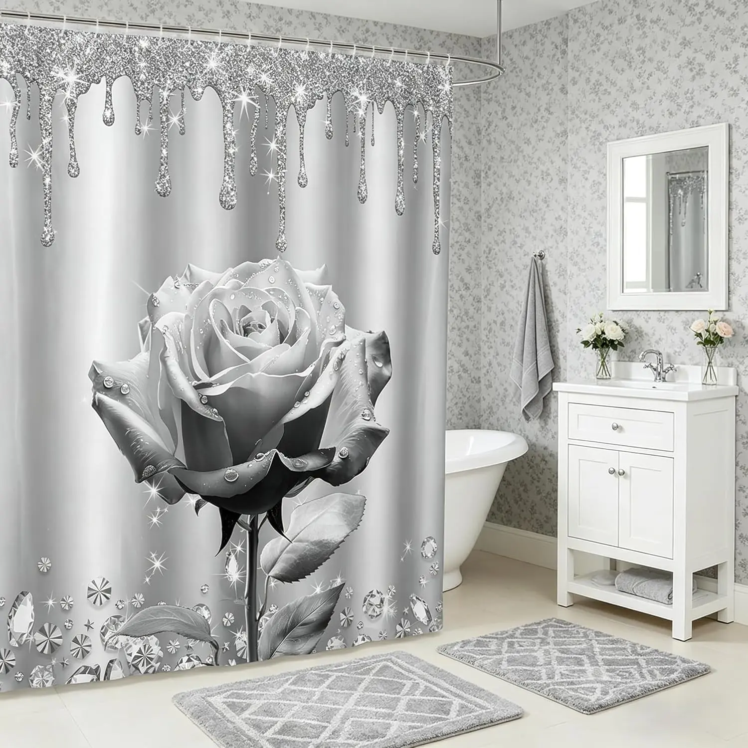 Grey Rose Shower Curtains Silver Glitter Diamond Waterproof Bath Curtains Suits for Bathtub,3D Grey Rose Flower Bathroom Curtains Adults
