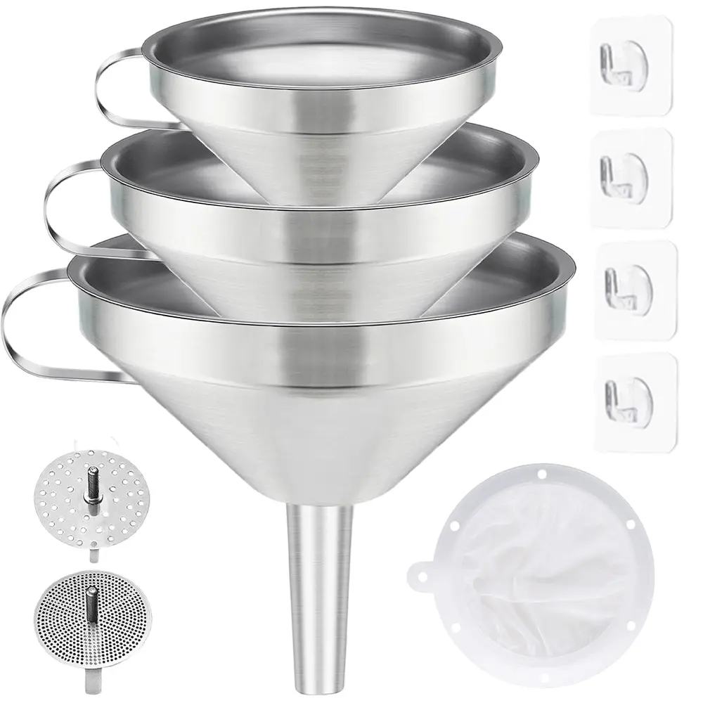 3 Pack Stainless Steel Kitchen Funnel Set - Premium Food Grade Hanging Stainless Funnels with Handles, 2 Removable Strainer Filters, 200 Mesh Filter, 4 Adhesive Hooks for Liquid/Dry Ingredient Transfer (Kitchen Utensils)