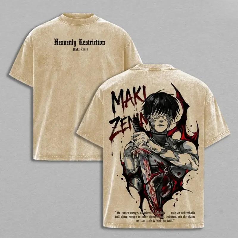 Maki Zenin Jujutsu Kaisen T-Shirt & Hoodie – Vintage Washed Oversized Anime Tee, Dark Aesthetic Maki Manga Graphic Shirt, Heavy Cotton Unisex Streetwear JJK Merch, Fall Outfit Anime Gift，Anime lovers, Jujutsu Kaisen anime merchandise