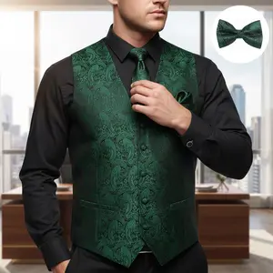 Alizeal Mens 5pcs Paisley Suit Vest Classic Jacquard Button-Down Waistcoat Set Formal Tuxedo Vests for Wedding Prom Nights