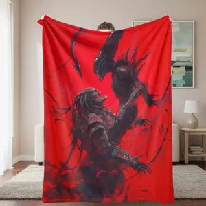 Alien vs Predator Flannel Blanket， SciFi Combat Illustration， Soft & Warm， Lightweight， Durable， AntiPilling， Perfect for Movie Nights， Gaming Sessions， Dorm Room， Travel， Gifts for SciFi Fans.
