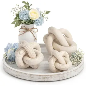 Wood Knot Decorations Set of 3, Wooden Chain Link Coffee Table Decor, Modern Boho Farmhouse Rustic Home Decor for Living Room Shelf Tabletop Sizes 3.94", 4.72", 5.91"(Nature)