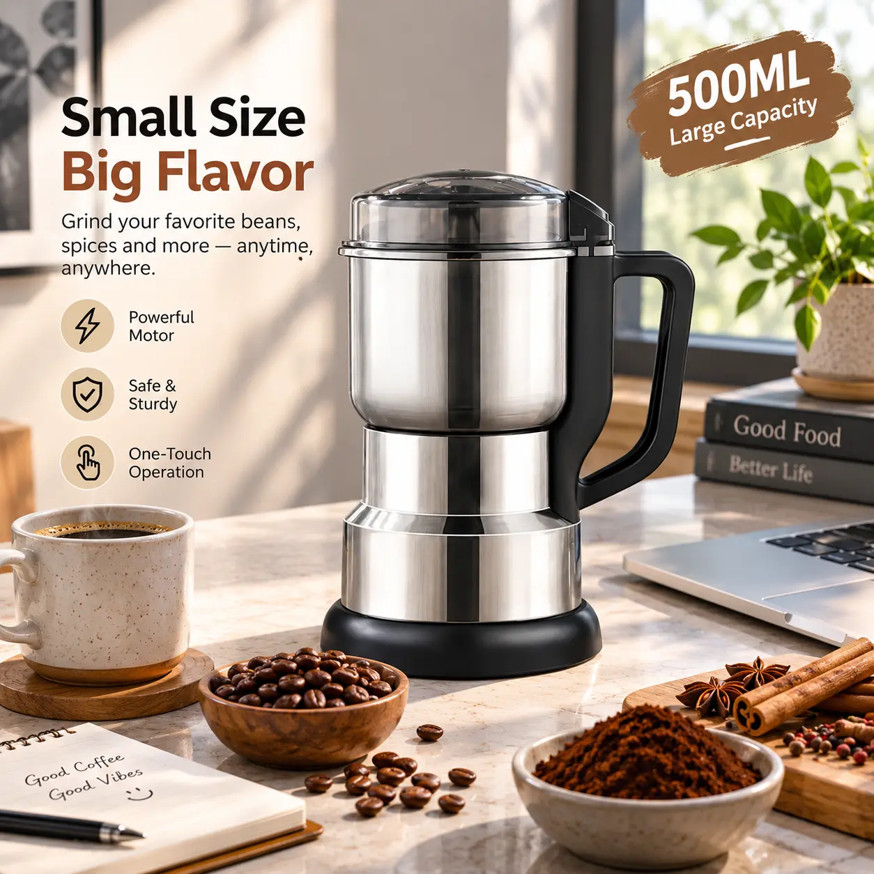 Springtok 300W Electric Coffee Bean Grinder, Powerful Stainless Steel Blade Grinder for Coffee Beans, Spices, Herbs & Nuts, Compact Kitchen Grinder for Home Coffee Lovers